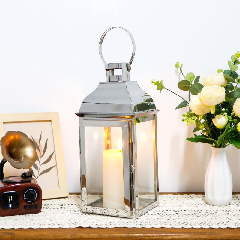 JHY DESIGN Silver Decorative Lanterns 12.5''High Stainless Steel Candle Lanterns with Tempered Glass for Indoor Outdoor Events Parities and Weddings Vintage Style Hanging Lamps - Image 3